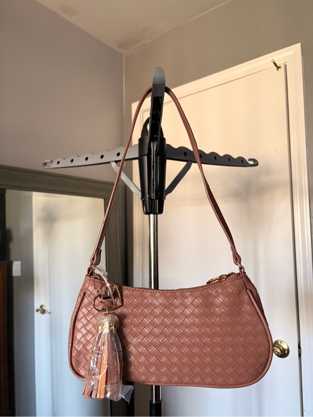 Woven Shoulder Bag with Tassel Charm - Brown